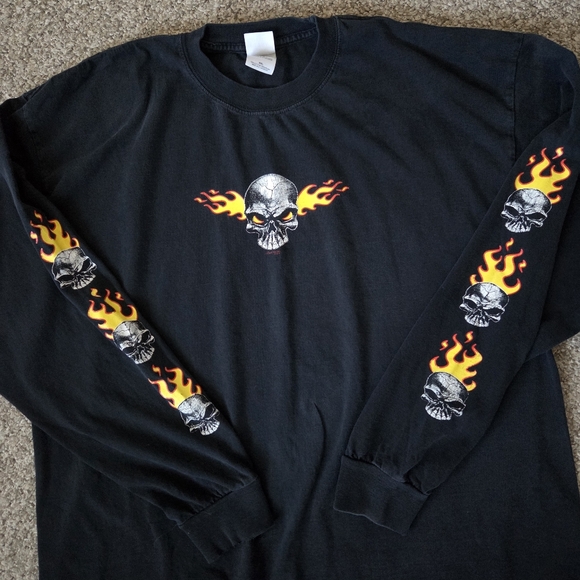 Gildan Other - Vintage Y2K Grunge Flaming Skull Fire Goth Long Sleeve Tshirt XXL Gildan Heavywe
